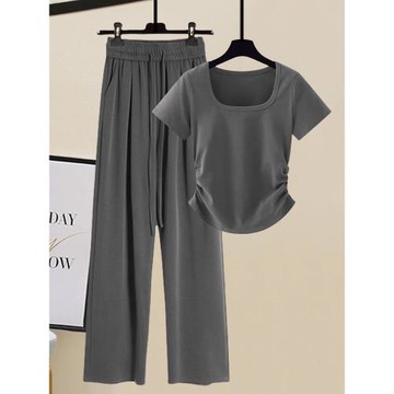 茶系穿搭一整套正肩收腰修身顯瘦簡約U領上衣高腰垂感休閑闊腿褲