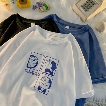卡通機器貓印花短袖T恤男港風潮流夏季半截袖寬鬆五分袖夏裝男女