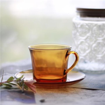 法國進口Vintage復古玻璃咖啡杯琥珀色咖啡杯帶碟茶杯牛奶果汁杯