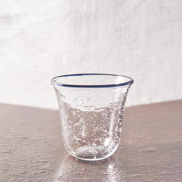 手工氣泡感玻璃杯(小) 藍邊