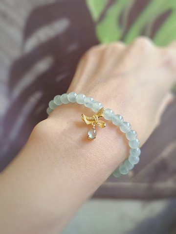 招財•仙氣|冰膠透繩藍飄花珠|緬甸翡翠純銀蝴蝶結高冰玻白手串