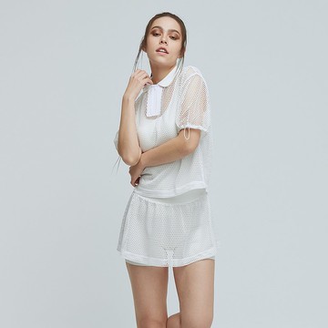 不可退換 /透視網眼造型POLO衫(女) - 香檳白