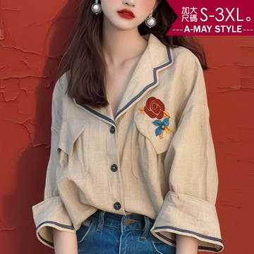 加大碼上衣 法式時尚優雅印花七分寬袖設計感襯衫(S-3XL)【XT241046】＊艾美時尚(現+預)