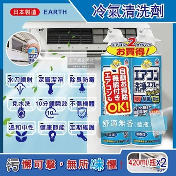 (2瓶超值組)日本EARTH地球製藥-NextPlus+免水洗10分鐘瞬效除臭防霉芳香冷氣清潔劑420ml/瓶(水刀式噴射去汙)