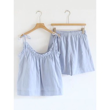 帶胸墊睡衣女夏季系繩吊帶短褲九分褲純棉紗布薄款套頭家居服套裝