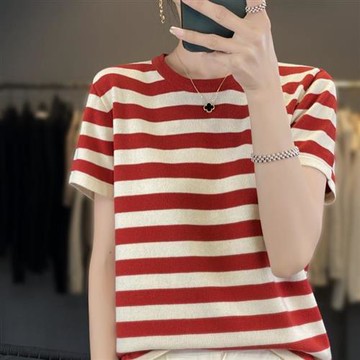 【米蘭精品】現貨+預購T恤短袖上衣-棉質條紋拼色休閒女裝2色74lc69