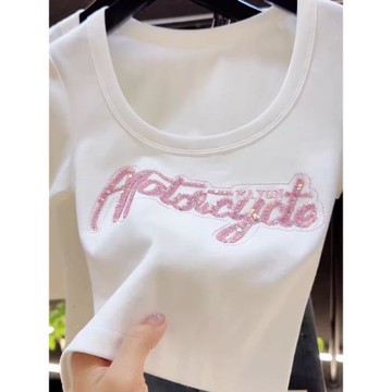 今年新款2025夏白色短袖T恤女粉色字母亮片高級顯瘦短款辣妹半袖