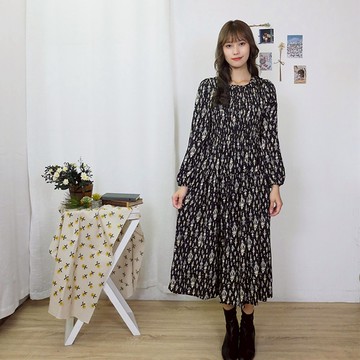 花木馬日系女裝圓領彈力繩鬆緊腰碎花雪紡長袖洋裝