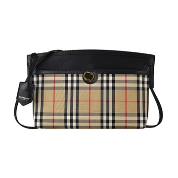 BURBERRY 巴寶莉  VINTAGE金字壓印LOGO格紋帆布扣式肩背包(典藏米x棕)