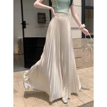 高級感水光緞面百褶半身裙女夏季小個子高腰顯瘦a字大擺傘裙長裙