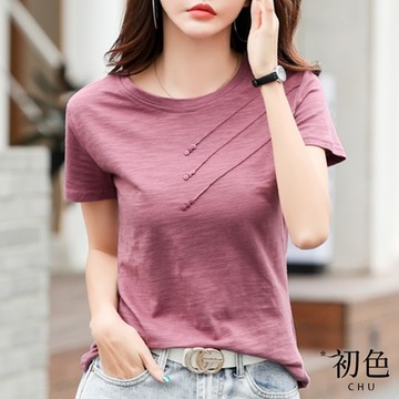 初色  圓領寬鬆立體裝飾T恤上衣-共4色-63301(M-2XL可選)