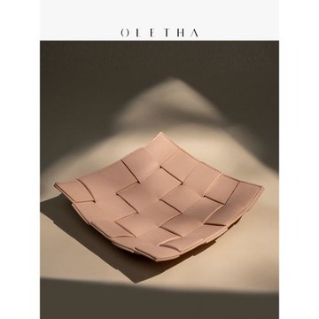 OLETHA輕奢皮革編織首飾盤桌面置物架玄關鑰匙遙控器收納托盤擺件