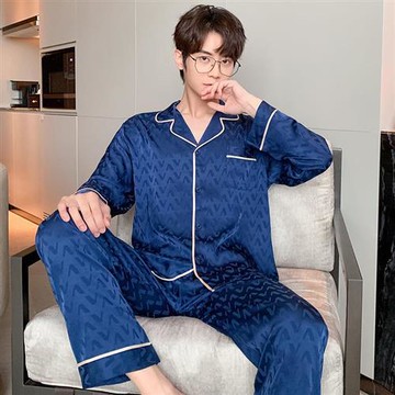 【米蘭精品】睡衣套裝長袖休閒服-冰絲薄款提花長褲男居家服3色74fu3