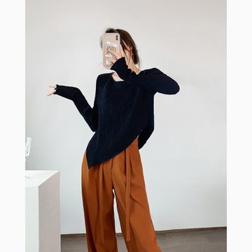 白色長袖t恤女早秋款不對稱下擺設計感獨特別致短款上衣減齡洋氣