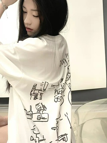 純棉oversize正肩t恤女ins潮牌印花白色短袖美式復古chic港味上衣