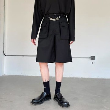 暗黑風鏈條裝飾工裝短褲男高腰直筒寬松休閑褲炸街潮牌ins五分褲