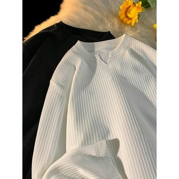 肌理感V領長袖T恤男款春季潮牌重磅高級感白色內搭打底衫新款上衣