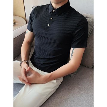 polo衫純色條紋冰絲垂感翻領半袖男夏季修身絲光棉商務短袖T恤潮