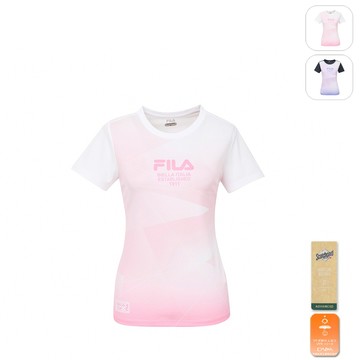 【FILA】女性 抗UV 吸濕排汗 短袖T恤-白/粉 5TEZ-1005-WT