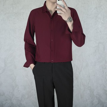 高級感免燙男士長袖襯衫 結婚宴會酒紅色商務休閒正裝襯衫2026年