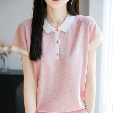 冰絲上衣 針織短袖 冰絲針織POLO短袖洋氣T恤新款夏季減齡撞色寬鬆翻領上衣