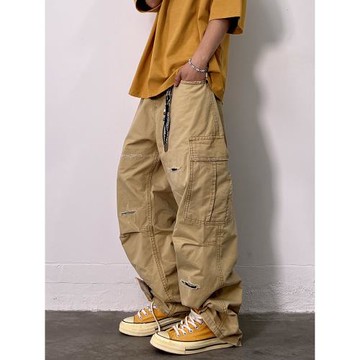 Staysane春夏百搭破洞卡其色復古工裝褲男潮流直筒褲休閑長褲子男
