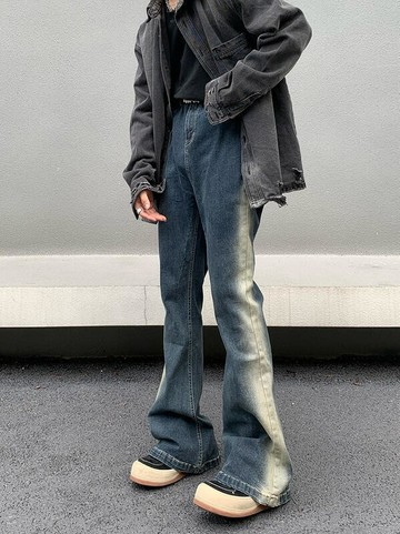 【限時免運】美式水洗漸變牛仔褲 微喇叭牛仔褲男 RO風飄帶 復古拖地長褲女