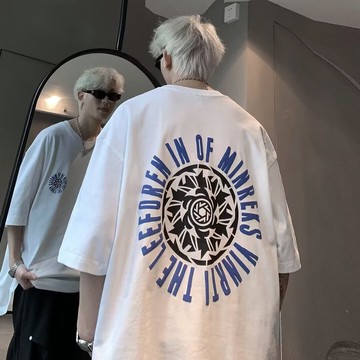 落肩短袖 美式嘻哈風字母印花T恤男女 寬松落潮牌圓領純棉上衣 T恤 短袖 五分袖短袖 痞帥青少年短袖T恤 男裝 上衣