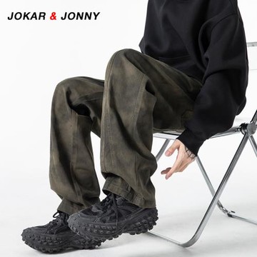 JOKAR&JONNY美式復古扎染做舊臟臟褲男春季潮牌寬松休閑直筒長褲