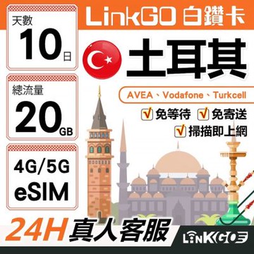 【LinkGO】白鑽卡 土耳其 eSIM卡 10天上網卡 總流量20GB 高速流量(土耳其網卡 伊斯坦堡 卡帕多奇亞)
