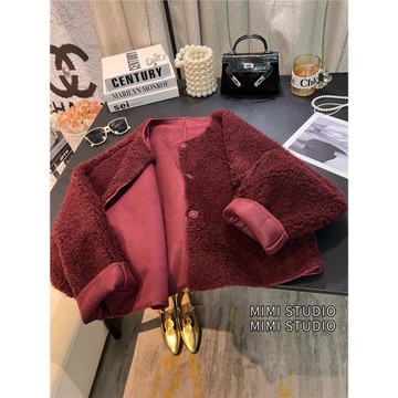 安可拉紅色泰迪卷羊羔毛絨外套女秋冬軟糯復古風環保皮草短大衣潮