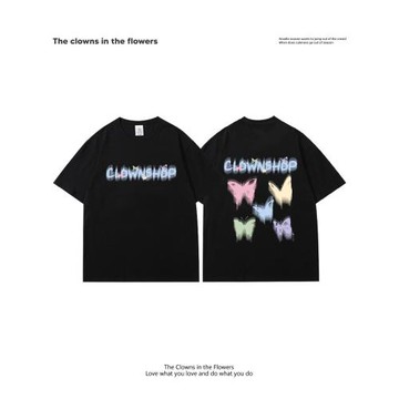 oddnova美式潮流復古蝴蝶印花黑色設計感小眾學生休閑半袖