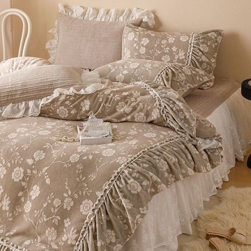 法式公主雕花牛奶絨夾棉床裙四件套冬保暖珊瑚絨被套加絨加厚床罩