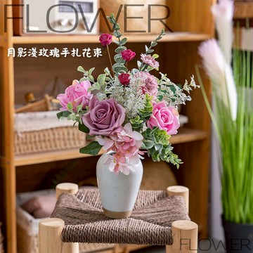 🌹月影淺玫瑰手扎花束🌹設計師款 手工仿真花束 人造花 手捧花 結婚捧花 登記花束 婚禮裝飾 假花 花藝插花 婚紗拍照道具