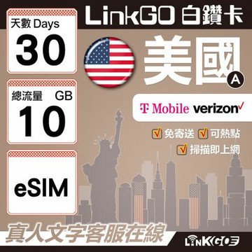 LinkGO白鑽卡 美國A eSIM卡 30天上網卡 總流量10GB  高速流量(美國網卡 舊金山 洛杉磯 紐約 西雅圖)