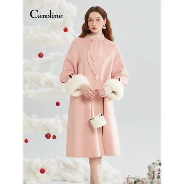 Caroline卡洛琳冬新款狐貍毛皮含蠶絲千金羊毛插肩袖毛呢大衣