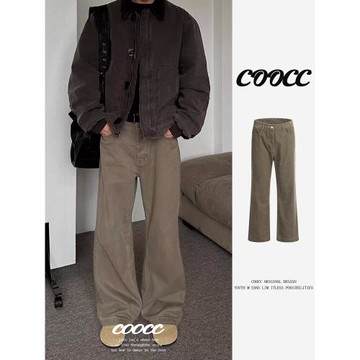 美式高街直筒牛仔褲男新款美拉德復古休閑cleanfit棕色闊腿長褲子