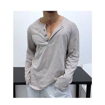 寬松隨性慵懶！單穿打底都超贊竹節棉長袖T恤深v肌肉男顯身材顯壯