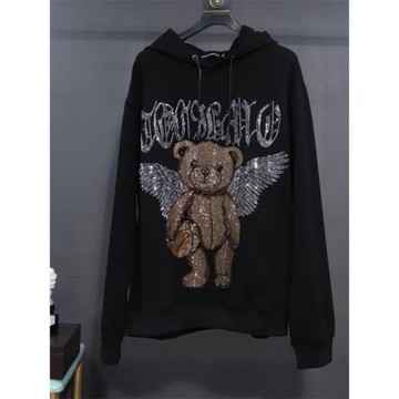 加肥加大英式潮牌T家大C重工燙鉆翅膀熊套頭連帽寬松衛衣男女通穿