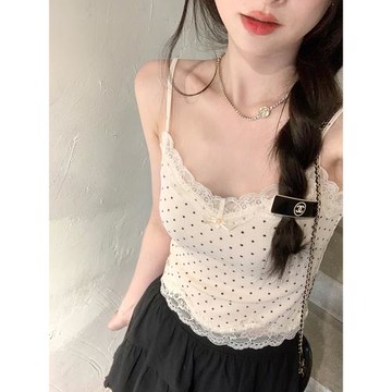 純欲風蕾絲V領吊帶波點背心女小個子內搭打底修身短款甜辣小上衣