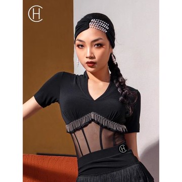 HC·DANCE拉丁舞服連體上衣女新款網紗V領國標練功服舞衣DS017