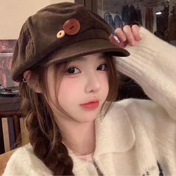 🔥品質保障🔥臟坨坨【榛果咖啡】日係燈芯絨報童帽女顯臉小秋冬複古紐扣貝雷帽