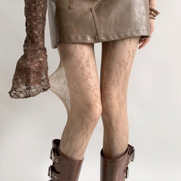 【台灣發貨】夜間練習室咖色絲襪女春秋洛麗塔防勾絲打底襪子蕾絲花瓣網眼鏤空連褲襪春秋薄款洛麗塔絲襪配長筒靴複古咖啡色