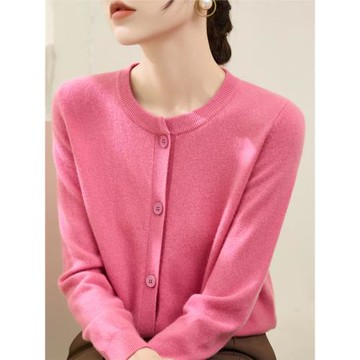 純色針織開衫外套女春秋季新款羊毛玫粉色圓領毛衣長袖可單穿上衣