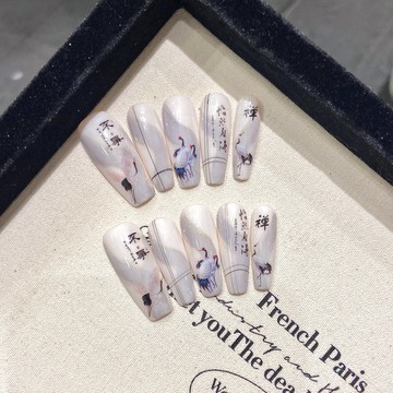 💟加一手工甲💅🏻新中式鶴舞飄葉美甲貼紙白鶴落日水墨竹子國風僊鶴美甲穿戴甲純手工穿戴甲 YO8D