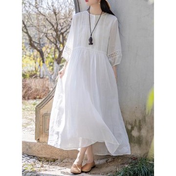 溫柔風度假氣質白色苧麻連衣裙女夏雙層內襯飄逸顯瘦輕薄大擺長裙