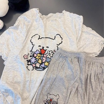 新款睡衣女夏天薄款短袖短褲圓領帶胸墊網紅少女可外穿家居服套裝女生睡衣帶胸墊短袖睡衣夏季短袖睡衣睡衣夏季帶胸墊睡衣