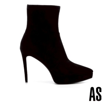 AS 極簡摩登純色彈力拼接羊麂皮美型尖頭高跟短靴－黑