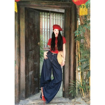 【砂糖夢境】小個子深藍色復古寬鬆闊腿褲女高腰垂感牛仔褲夏季百搭直筒拖地褲