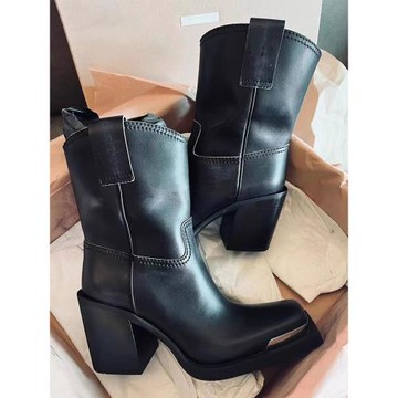 秋冬新款復古真皮底短靴瘦瘦靴粗跟高跟女時尚金屬方頭皮靴馬丁靴